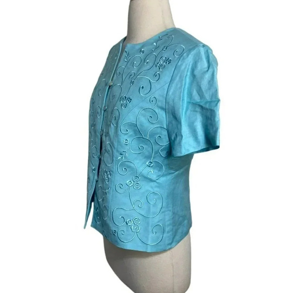Coldwater‎ Creek 6P turquoise blue short sleeve linen blend embroidered skirt - Picture 7 of 10